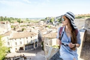 Woman tarveling in Saint Emilion village, France